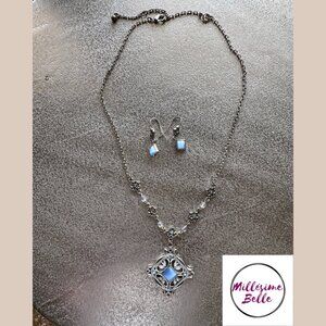 Blue and Silver Jeweled Pendant Necklace w/ Earrings